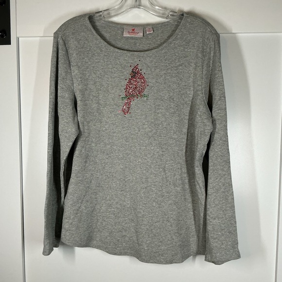 Quacker Factory Tops - Quacker Factory Waffle Knit Top Gray Rhinestones Jeweled Cardinal Medium